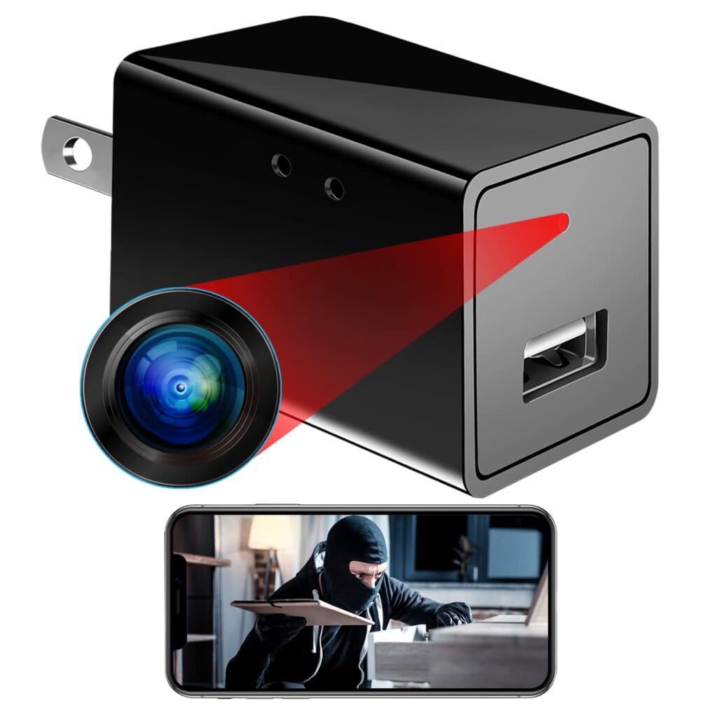 USB charger OKSIR camera in black color a phone playing video of a thief