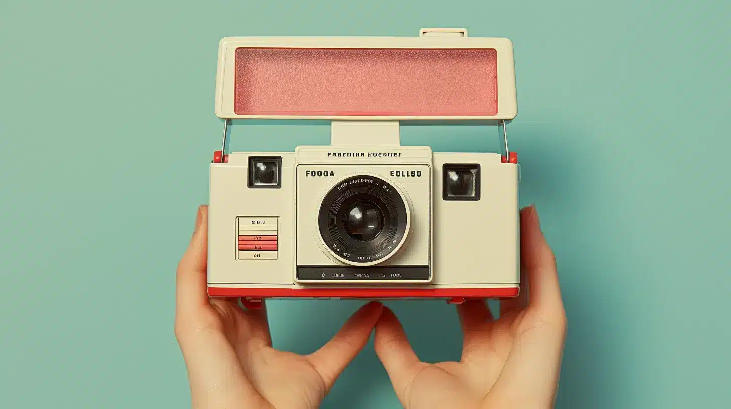 an f polaroid camera in hands